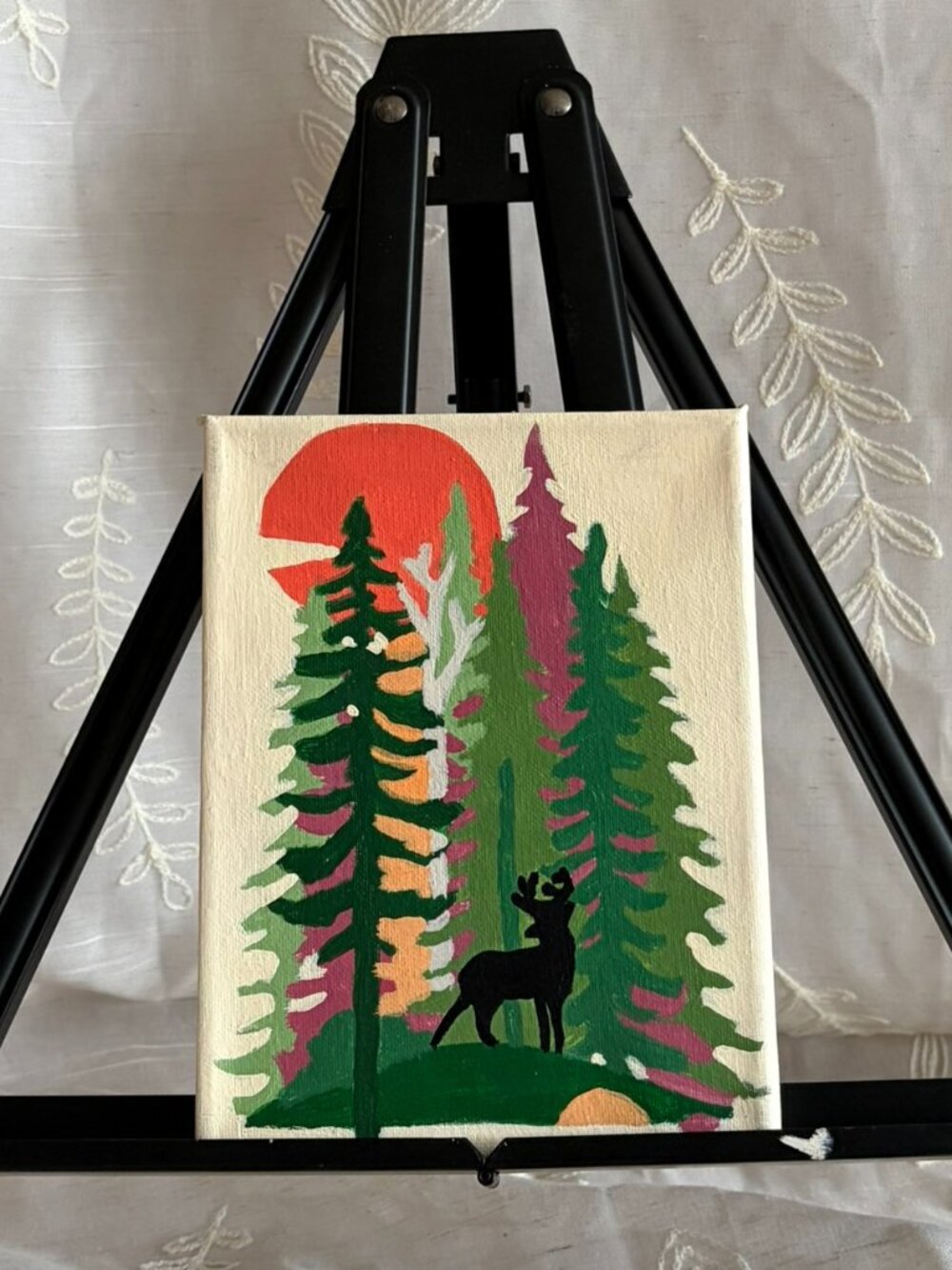 Hand Painted Colorful Forest & Deer Canvas 6x8